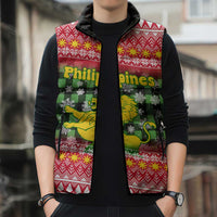Philippines Christmas Sleeveless Puffer Jacket with Red-Green Plaid Design, Yellow Lion, and National Coat of Arms Motif - Wonder Print Shop