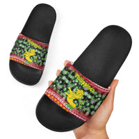 Philippines Christmas Slide Sandals with Red-Green Plaid Design, Yellow Lion, and National Coat of Arms Motif - Wonder Print Shop