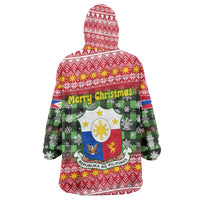 Philippines Christmas Wearable Blanket Hoodie with Red-Green Plaid Design, Yellow Lion, and National Coat of Arms Motif - Wonder Print Shop