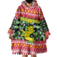 Philippines Christmas Wearable Blanket Hoodie with Red-Green Plaid Design, Yellow Lion, and National Coat of Arms Motif - Wonder Print Shop