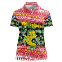 Philippines Christmas Women Polo Shirt with Red-Green Plaid Design, Yellow Lion, and National Coat of Arms Motif - Wonder Print Shop
