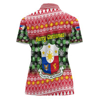 Philippines Christmas Women Polo Shirt with Red-Green Plaid Design, Yellow Lion, and National Coat of Arms Motif - Wonder Print Shop