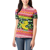 Philippines Christmas Women Polo Shirt with Red-Green Plaid Design, Yellow Lion, and National Coat of Arms Motif - Wonder Print Shop