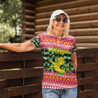 Philippines Christmas Women Polo Shirt with Red-Green Plaid Design, Yellow Lion, and National Coat of Arms Motif - Wonder Print Shop