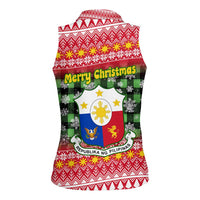 Philippines Christmas Women Sleeveless Polo Shirt with Red-Green Plaid Design, Yellow Lion, and National Coat of Arms Motif - Wonder Print Shop