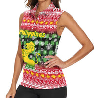 Philippines Christmas Women Sleeveless Polo Shirt with Red-Green Plaid Design, Yellow Lion, and National Coat of Arms Motif - Wonder Print Shop