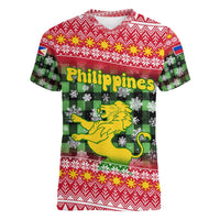 Philippines Christmas Women V-Neck T-Shirt with Red-Green Plaid Design, Yellow Lion, and National Coat of Arms Motif - Wonder Print Shop