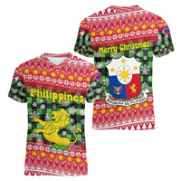 Philippines Christmas Women V-Neck T-Shirt with Red-Green Plaid Design, Yellow Lion, and National Coat of Arms Motif - Wonder Print Shop