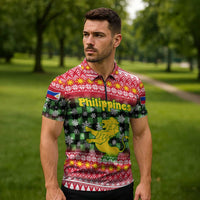 Philippines Christmas Zipper Polo Shirt with Red-Green Plaid Design, Yellow Lion, and National Coat of Arms Motif - Wonder Print Shop