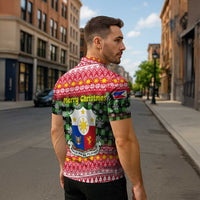 Philippines Christmas Zipper Polo Shirt with Red-Green Plaid Design, Yellow Lion, and National Coat of Arms Motif - Wonder Print Shop