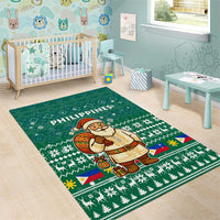 Philippines Christmas Area Rug with Green Geometric Design, Santa in Barong Tagalog, and National Coat of Arms Motif - Wonder Print Shop