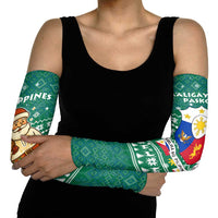 Philippines Christmas Arm Sleeves with Green Geometric Design, Santa in Barong Tagalog, and National Coat of Arms Motif - Wonder Print Shop