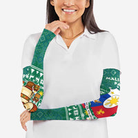 Philippines Christmas Arm Sleeves with Green Geometric Design, Santa in Barong Tagalog, and National Coat of Arms Motif - Wonder Print Shop