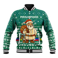 Philippines Christmas Baseball Jacket with Green Geometric Design, Santa in Barong Tagalog, and National Coat of Arms Motif - Wonder Print Shop