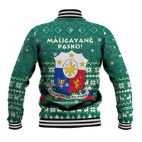 Philippines Christmas Baseball Jacket with Green Geometric Design, Santa in Barong Tagalog, and National Coat of Arms Motif - Wonder Print Shop