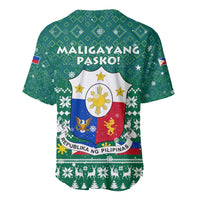 Philippines Christmas Baseball Jersey with Green Geometric Design, Santa in Barong Tagalog, and National Coat of Arms Motif - Wonder Print Shop