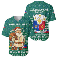 Philippines Christmas Baseball Jersey with Green Geometric Design, Santa in Barong Tagalog, and National Coat of Arms Motif - Wonder Print Shop