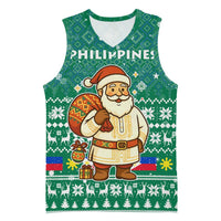 Philippines Christmas Basketball Jersey with Green Geometric Design, Santa in Barong Tagalog, and National Coat of Arms Motif - Wonder Print Shop
