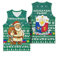 Philippines Christmas Basketball Jersey with Green Geometric Design, Santa in Barong Tagalog, and National Coat of Arms Motif - Wonder Print Shop