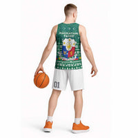 Philippines Christmas Basketball Jersey with Green Geometric Design, Santa in Barong Tagalog, and National Coat of Arms Motif - Wonder Print Shop