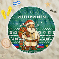 Philippines Christmas Beach Blanket with Green Geometric Design, Santa in Barong Tagalog, and National Coat of Arms Motif - Wonder Print Shop