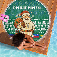 Philippines Christmas Beach Blanket with Green Geometric Design, Santa in Barong Tagalog, and National Coat of Arms Motif - Wonder Print Shop