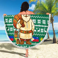 Philippines Christmas Beach Blanket with Green Geometric Design, Santa in Barong Tagalog, and National Coat of Arms Motif - Wonder Print Shop