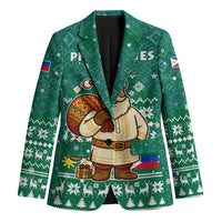 Philippines Christmas Blazer with Green Geometric Design, Santa in Barong Tagalog, and National Coat of Arms Motif - Wonder Print Shop