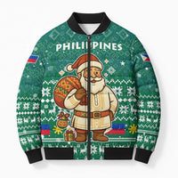 Philippines Christmas Bomber Puffer Jacket with Green Geometric Design, Santa in Barong Tagalog, and National Coat of Arms Motif - Wonder Print Shop