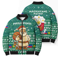 Philippines Christmas Bomber Puffer Jacket with Green Geometric Design, Santa in Barong Tagalog, and National Coat of Arms Motif - Wonder Print Shop
