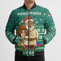 Philippines Christmas Bomber Puffer Jacket with Green Geometric Design, Santa in Barong Tagalog, and National Coat of Arms Motif - Wonder Print Shop