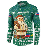 Philippines Christmas Button Sweatshirt with Green Geometric Design, Santa in Barong Tagalog, and National Coat of Arms Motif - Wonder Print Shop