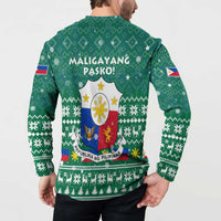 Philippines Christmas Button Sweatshirt with Green Geometric Design, Santa in Barong Tagalog, and National Coat of Arms Motif - Wonder Print Shop
