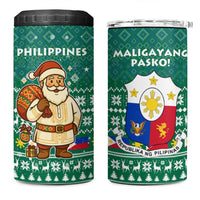 Philippines Christmas 4 in 1 Can Cooler Tumbler with Green Geometric Design, Santa in Barong Tagalog, and National Coat of Arms Motif - Wonder Print Shop