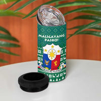 Philippines Christmas 4 in 1 Can Cooler Tumbler with Green Geometric Design, Santa in Barong Tagalog, and National Coat of Arms Motif - Wonder Print Shop