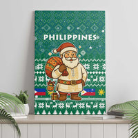 Philippines Christmas Canvas Wall Art with Green Geometric Design, Santa in Barong Tagalog, and National Coat of Arms Motif - Wonder Print Shop