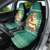 Philippines Christmas Car Seat Cover with Green Geometric Design, Santa in Barong Tagalog, and National Coat of Arms Motif - Wonder Print Shop
