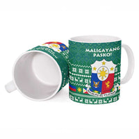 Philippines Christmas Ceramic Mug with Green Geometric Design, Santa in Barong Tagalog, and National Coat of Arms Motif - Wonder Print Shop