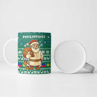 Philippines Christmas Ceramic Mug with Green Geometric Design, Santa in Barong Tagalog, and National Coat of Arms Motif - Wonder Print Shop