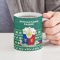 Philippines Christmas Ceramic Mug with Green Geometric Design, Santa in Barong Tagalog, and National Coat of Arms Motif - Wonder Print Shop