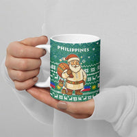 Philippines Christmas Ceramic Mug with Green Geometric Design, Santa in Barong Tagalog, and National Coat of Arms Motif - Wonder Print Shop