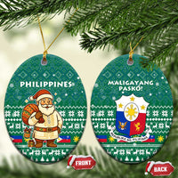 Philippines Christmas Ceramic Ornament with Green Geometric Design, Santa in Barong Tagalog, and National Coat of Arms Motif - Wonder Print Shop