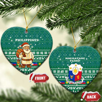 Philippines Christmas Ceramic Ornament with Green Geometric Design, Santa in Barong Tagalog, and National Coat of Arms Motif - Wonder Print Shop