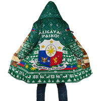 Philippines Christmas Cloak with Green Geometric Design, Santa in Barong Tagalog, and National Coat of Arms Motif - Wonder Print Shop