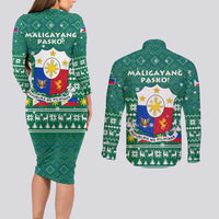 Philippines Christmas Couples Matching Long Sleeve Bodycon Dress and Long Sleeve Button Shirt with Green Geometric Design, Santa in Barong Tagalog, and National Coat of Arms Motif - Wonder Print Shop