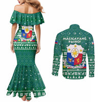 Philippines Christmas Couples Matching Mermaid Dress and Long Sleeve Button Shirt with Green Geometric Design, Santa in Barong Tagalog, and National Coat of Arms Motif - Wonder Print Shop