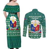 Philippines Christmas Couples Matching Off Shoulder Maxi Dress and Long Sleeve Button Shirt with Green Geometric Design, Santa in Barong Tagalog, and National Coat of Arms Motif - Wonder Print Shop