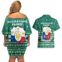 Philippines Christmas Couples Matching Off Shoulder Short Dress and Hawaiian Shirt with Green Geometric Design, Santa in Barong Tagalog, and National Coat of Arms Motif - Wonder Print Shop