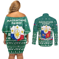 Philippines Christmas Couples Matching Off Shoulder Short Dress and Long Sleeve Button Shirt with Green Geometric Design, Santa in Barong Tagalog, and National Coat of Arms Motif - Wonder Print Shop