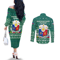 Philippines Christmas Couples Matching Off The Shoulder Long Sleeve Dress and Long Sleeve Button Shirt with Green Geometric Design, Santa in Barong Tagalog, and National Coat of Arms Motif - Wonder Print Shop